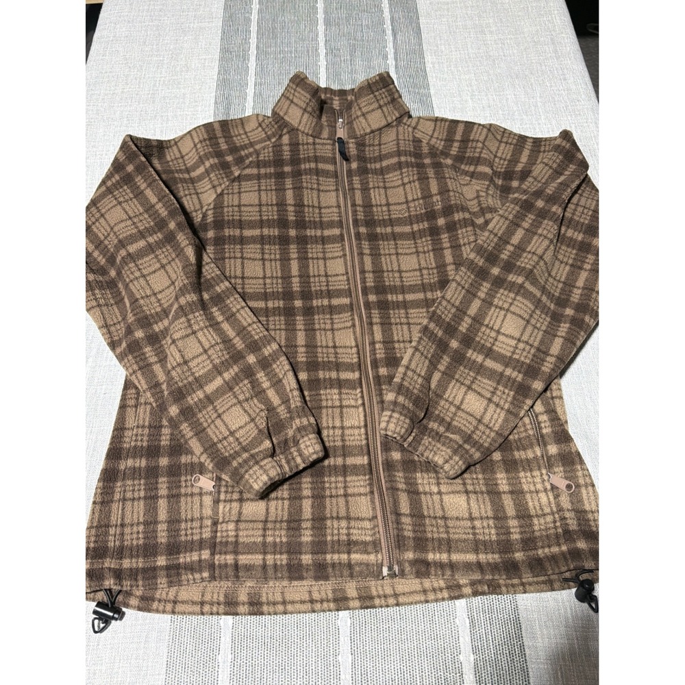 Columbia‎ Womens Brown Plaid Full Zip Fleece Jacket Mock Neck Size Large